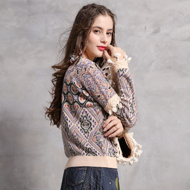 Retro stitching tassel sweater