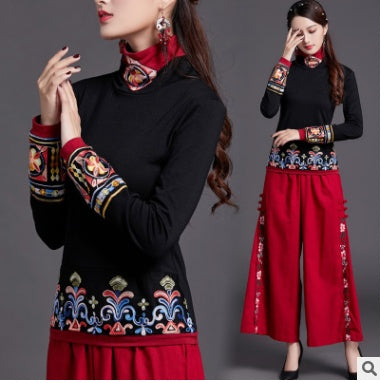 National style women's top long sleeve autumn and winter wear new Chinese style retro Embroidery Flower high collar bottoming shirt women's T-shirt
