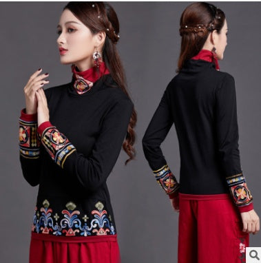 National style women's top long sleeve autumn and winter wear new Chinese style retro Embroidery Flower high collar bottoming shirt women's T-shirt