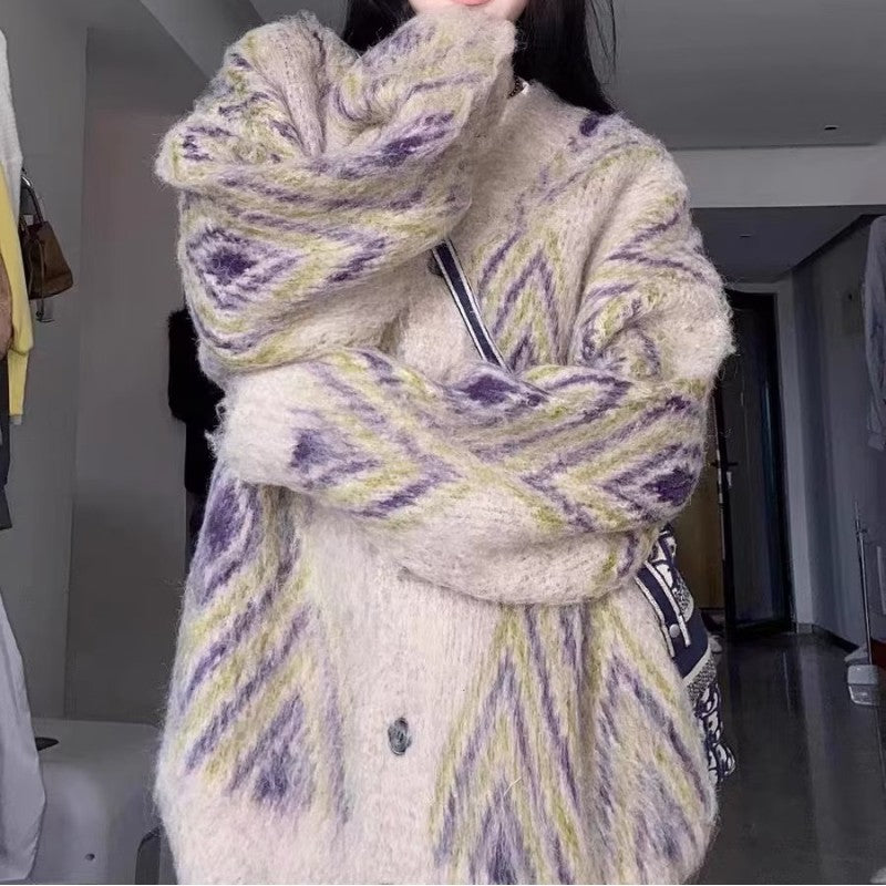 Autumn Winter Retro Long Wool Knitted Cardigan Women's Retro Loose