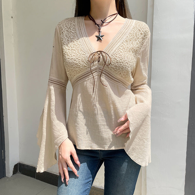 Ethnic Style Retro Plaid V-neck Lace-up Mesh Flared Long Sleeve Shirt