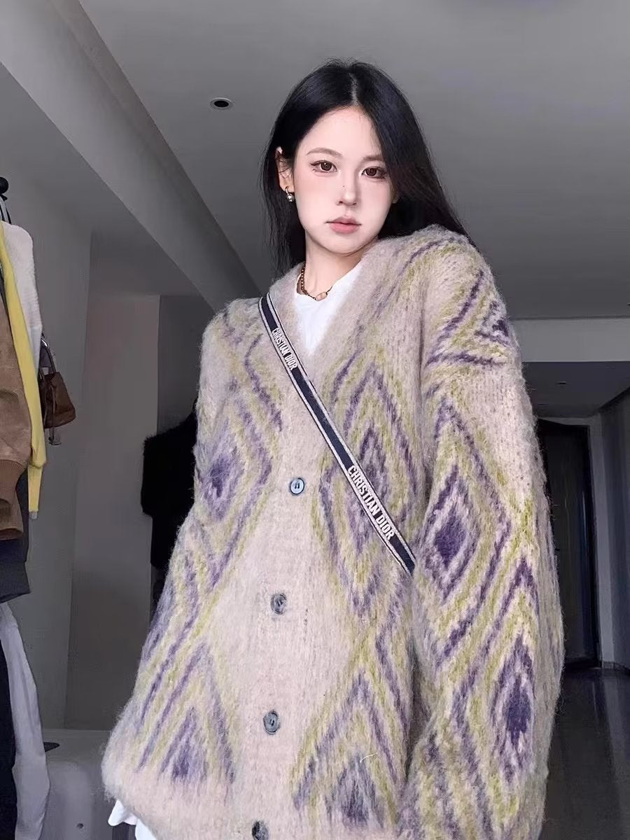 Autumn Winter Retro Long Wool Knitted Cardigan Women's Retro Loose