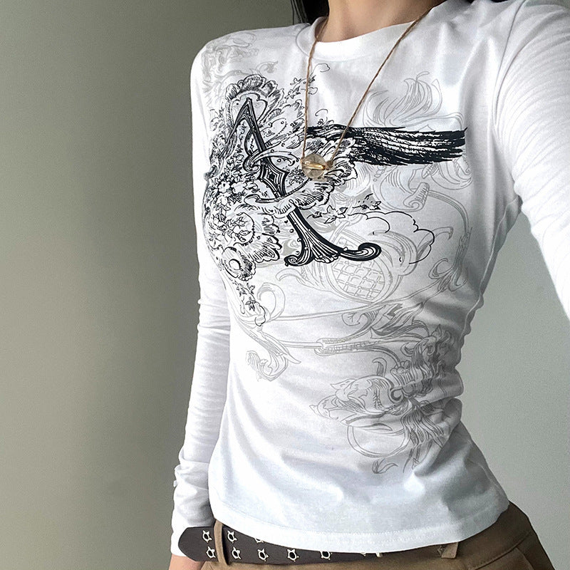 New Personalized Retro Printed Round Neck Long Sleeve T-shirt For Women