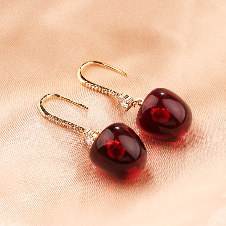 Personality Red Cherry Silver Pin Earrings