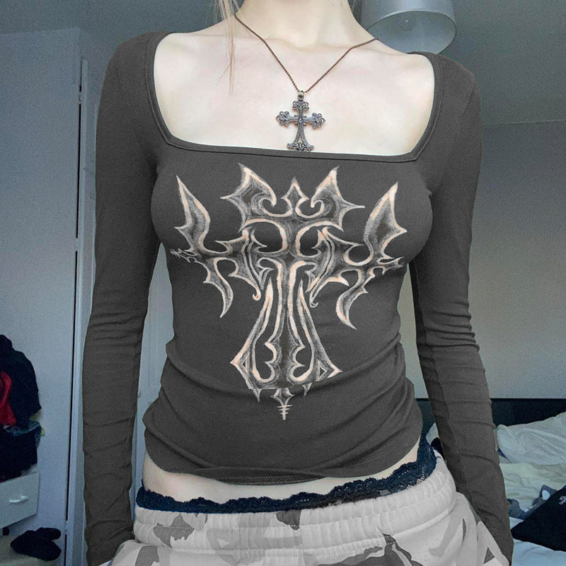 American Retro Printed Square-cut Collar Slim-fit Long Sleeve
