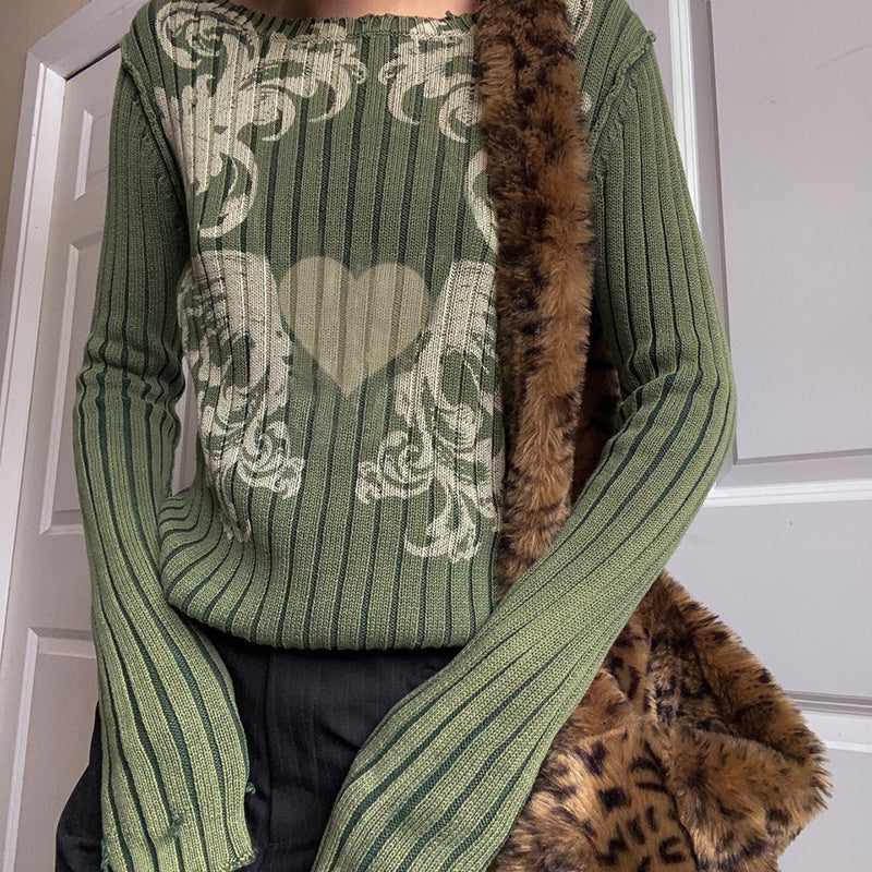 Vintage Print Sweater Long Sleeve Light Green Top