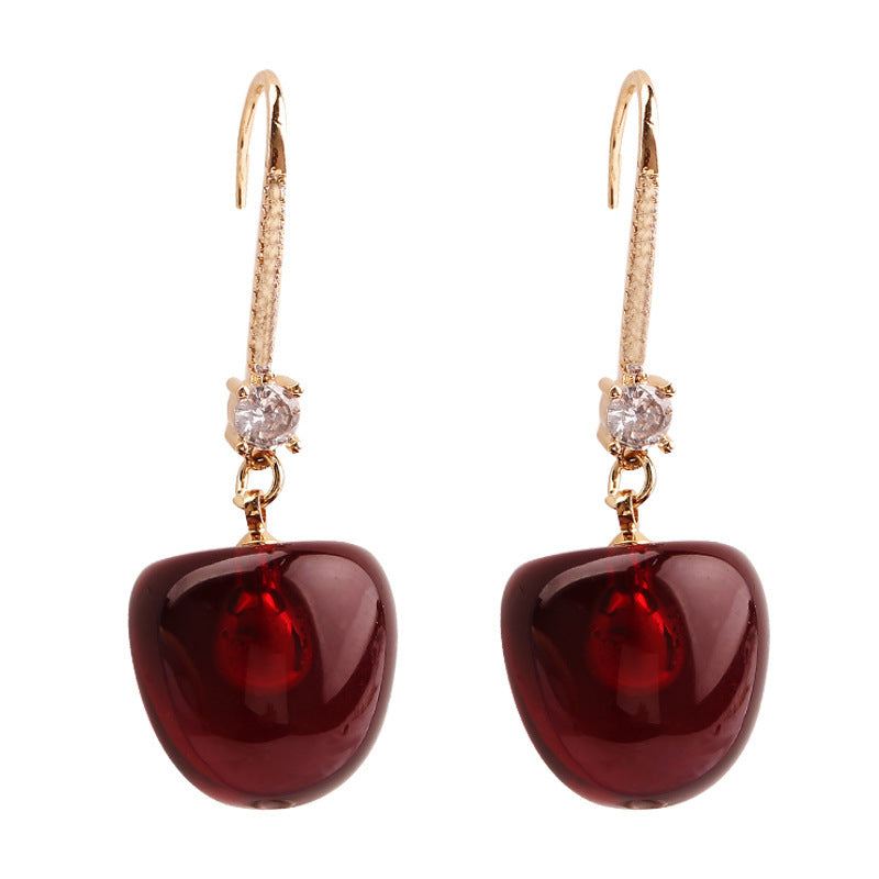 Personality Red Cherry Silver Pin Earrings