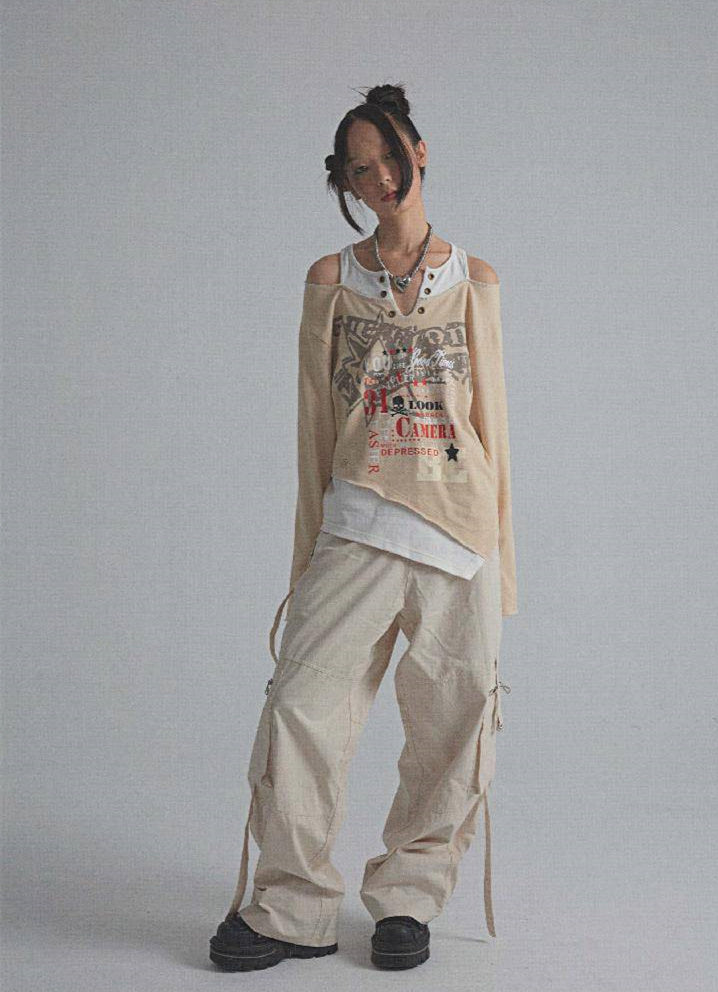 Vintage Print Long Sleeve Off Shoulder T-Shirt Sweatshirt