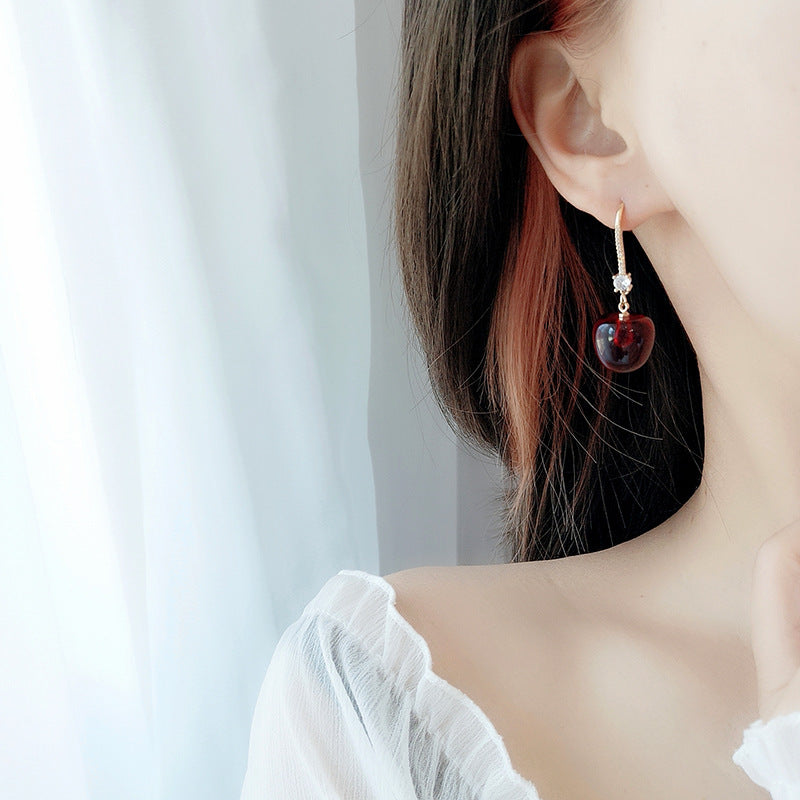 Personality Red Cherry Silver Pin Earrings