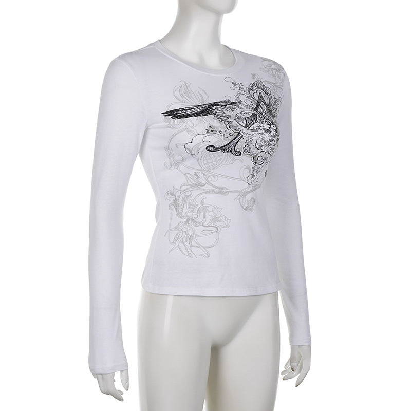 New Personalized Retro Printed Round Neck Long Sleeve T-shirt For Women