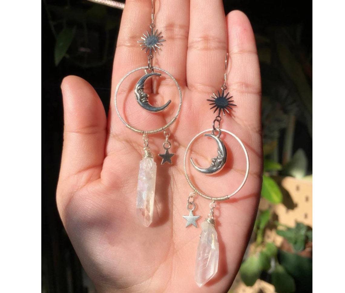 Gothic Silver Star And Moon Drop Earrings