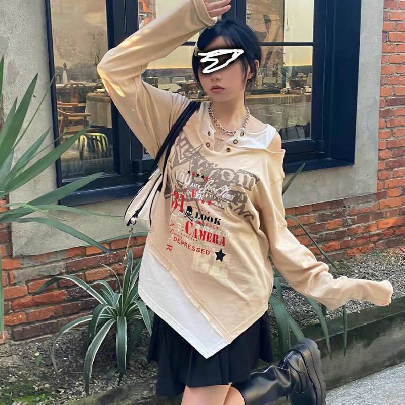 Vintage Print Long Sleeve Off Shoulder T-Shirt Sweatshirt