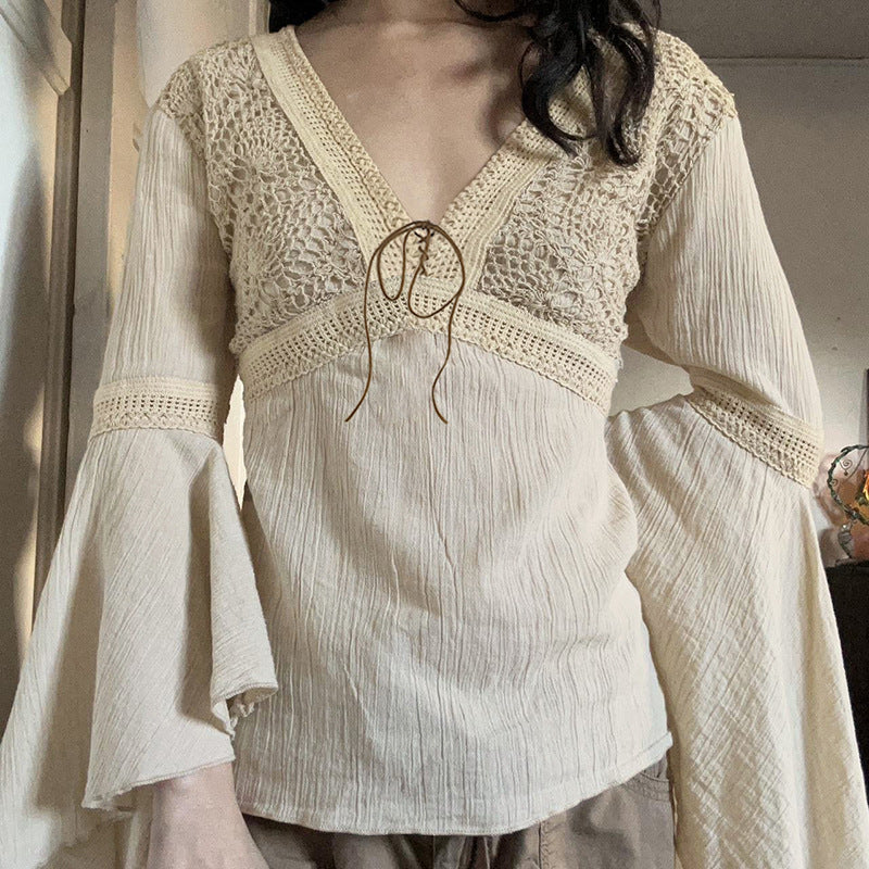 Ethnic Style Retro Plaid V-neck Lace-up Mesh Flared Long Sleeve Shirt