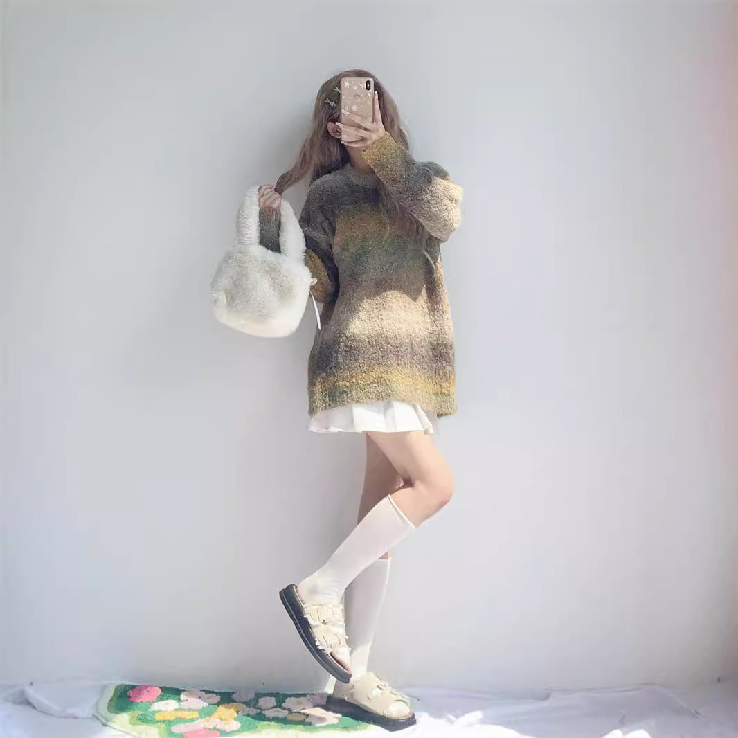 Soft Glutinous Lazy Sweater Women's Autumn Winter Retro Maillard Rainbow Gradient Sweater