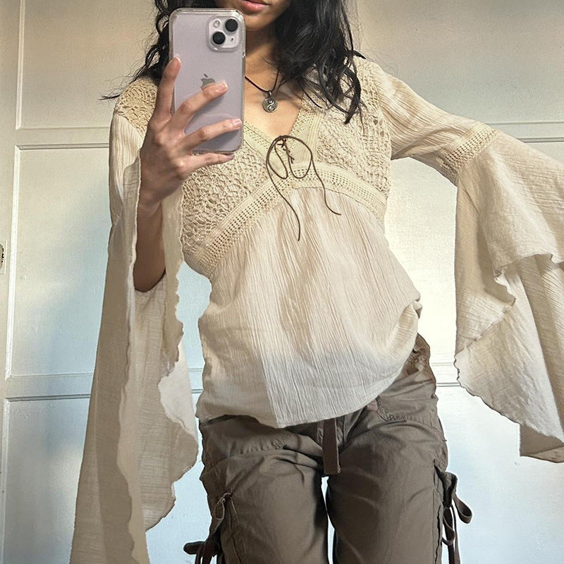 Ethnic Style Retro Plaid V-neck Lace-up Mesh Flared Long Sleeve Shirt