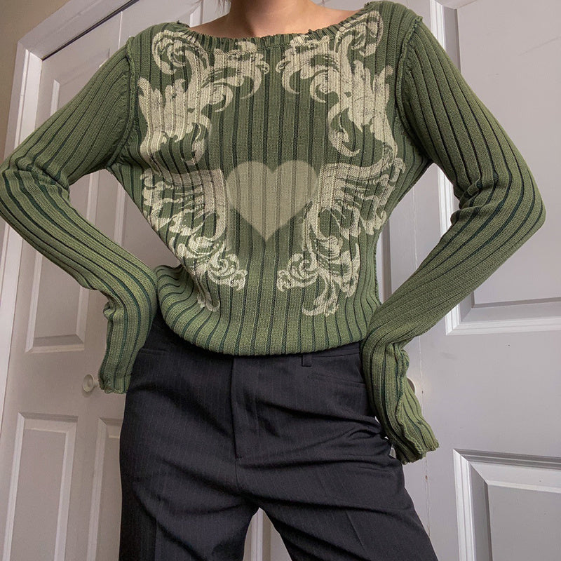 Vintage Print Sweater Long Sleeve Light Green Top