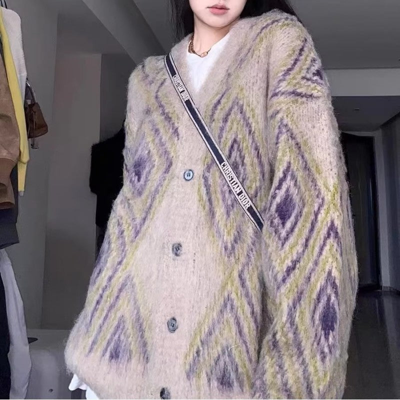 Autumn Winter Retro Long Wool Knitted Cardigan Women's Retro Loose