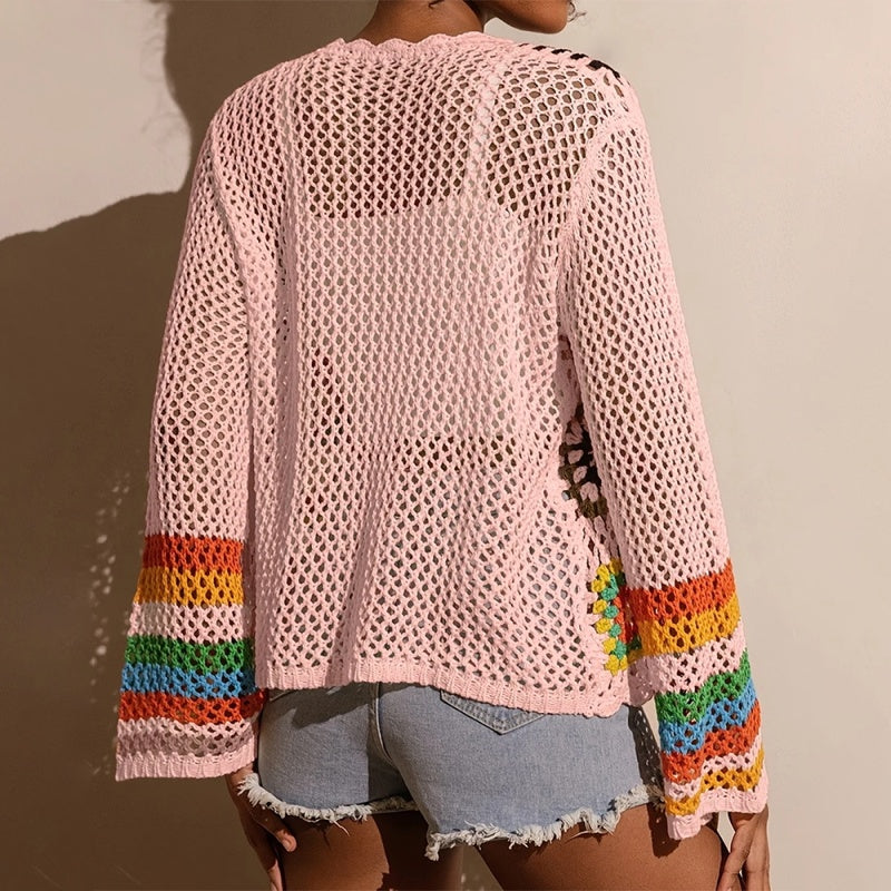 Women's Elegant Crochet Cardigan - Long Sleeve Open Front Vibrant Color Block Coat
