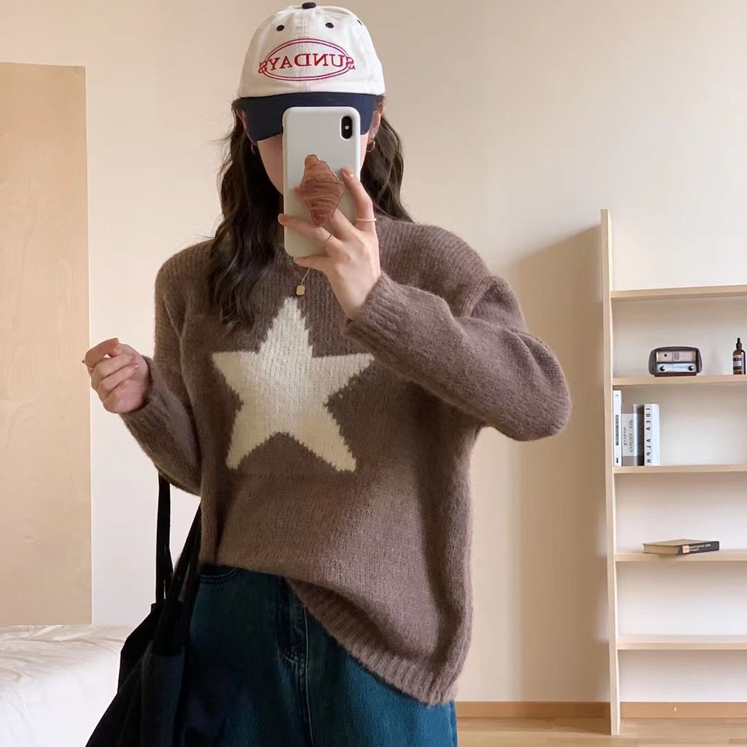 Retro Style Fashionable Simple Style Five-pointed Star Graffiti Round Neck Long Sleeve Sweater