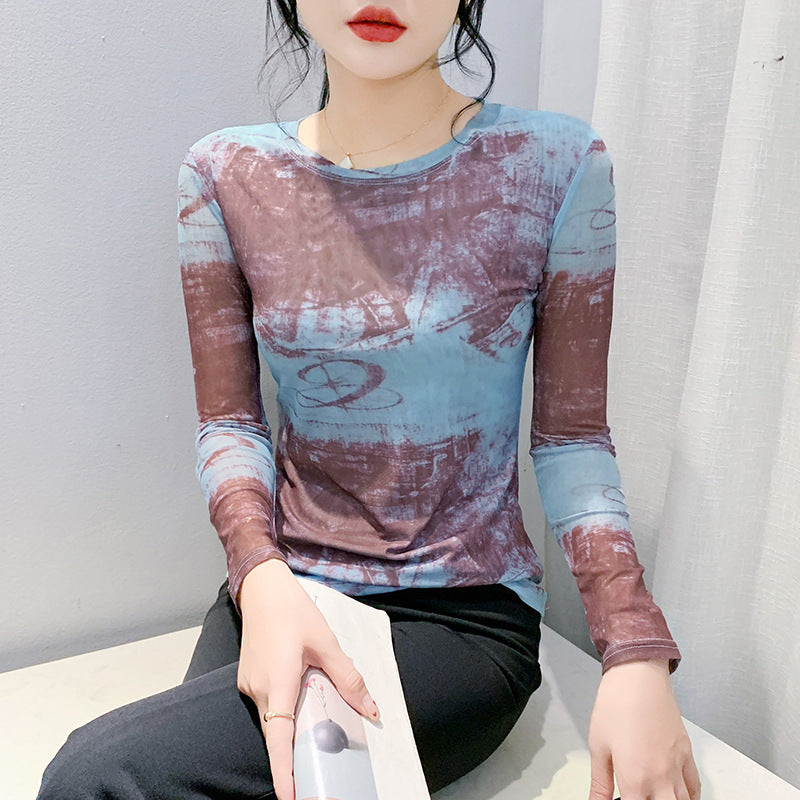 Fall Winter Fashion Voile Printed Long Sleeve Round Neck Slim Fit