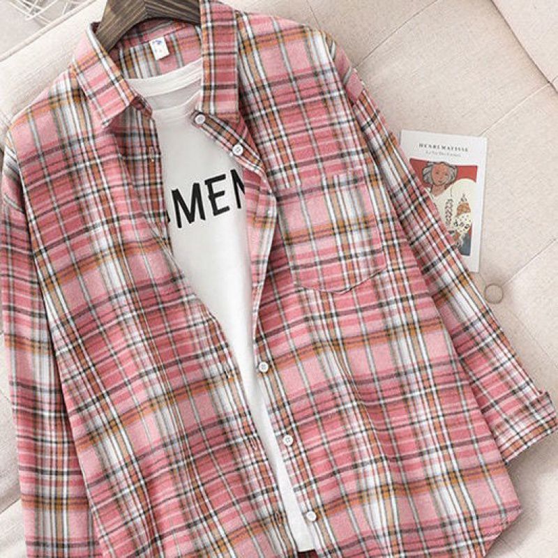 Women Retro Oversized Plaid Print Blouse Long Sleeve Chic Female Casual Loose Shirt Tops