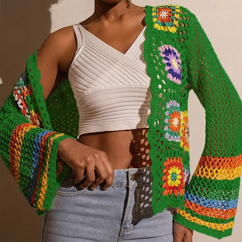 Women's Elegant Crochet Cardigan - Long Sleeve Open Front Vibrant Color Block Coat