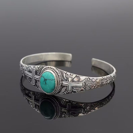 Vintage Carved Cross Turquoise Bracelet