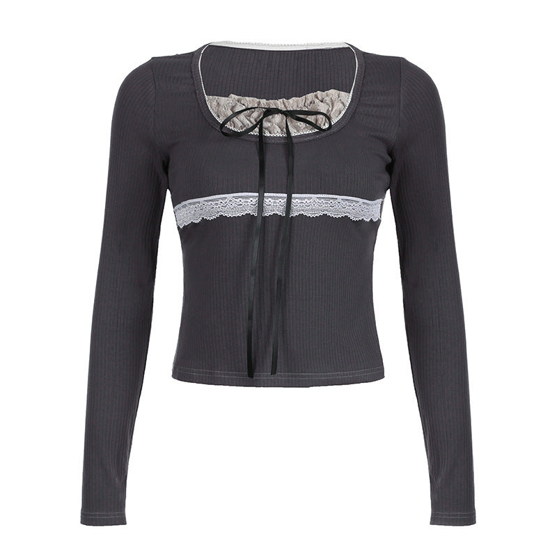 Retro Contrast Color Lace Stitching Fake Two-piece Long Sleeve