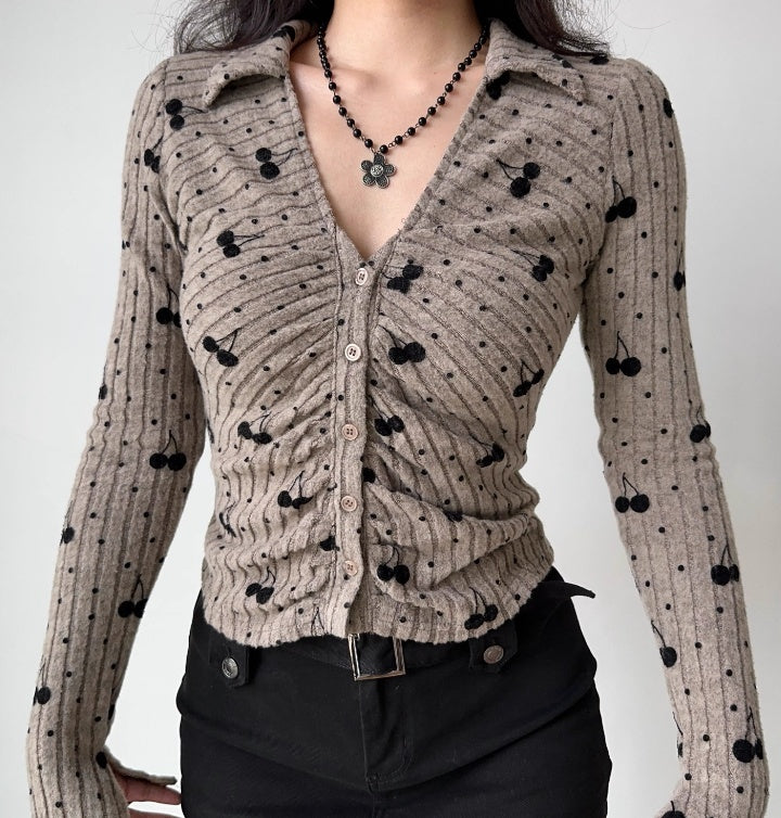 American Retro Cherry Embroidery Lapel Knit Cardigan Slim Fit Long Sleeved Top