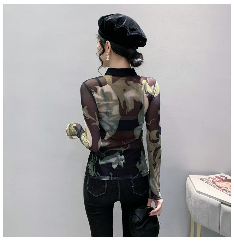 Retro Chinese Style Printed Voile Long Sleeve Top