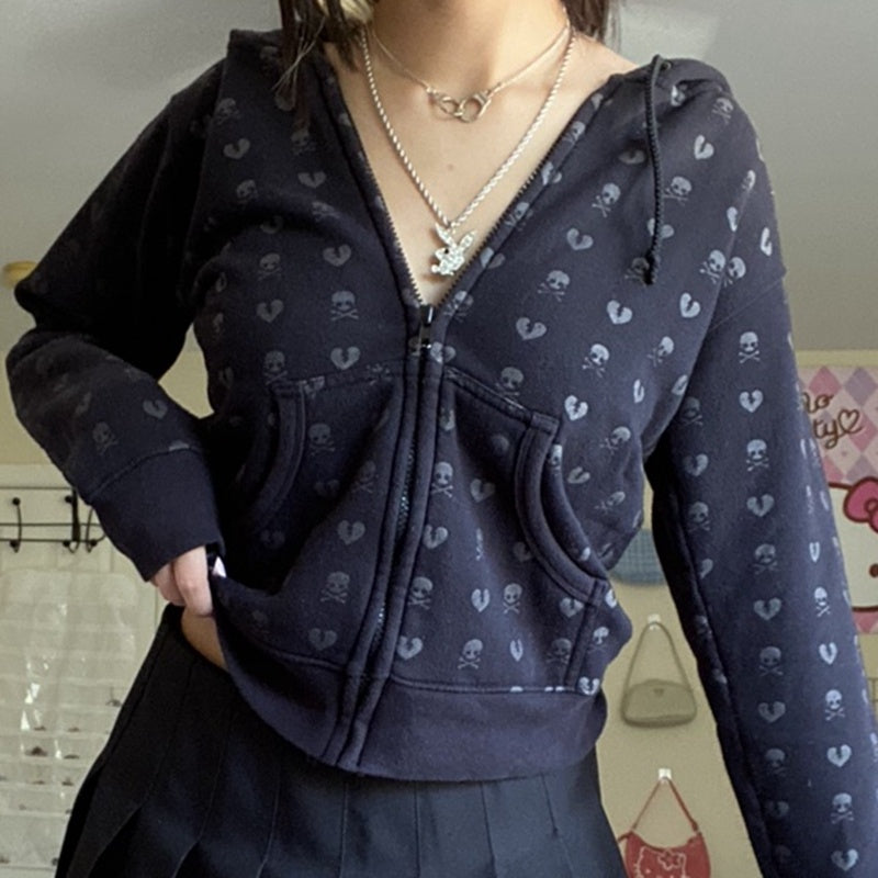 90s Vintage Skulls Print Black Sweatshirt Zipper Long Sleeve