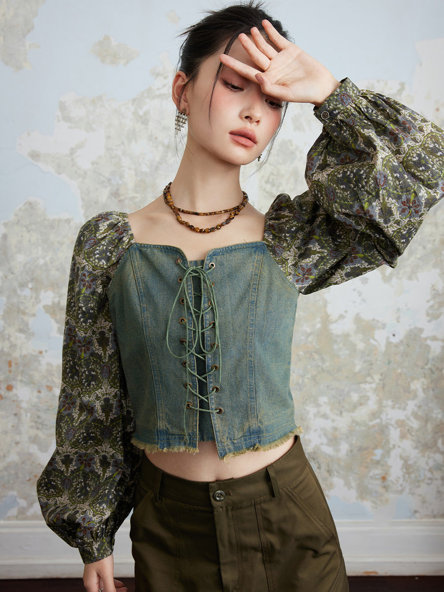 French Floral Long Sleeve Retro Lace-up Denim Shirt