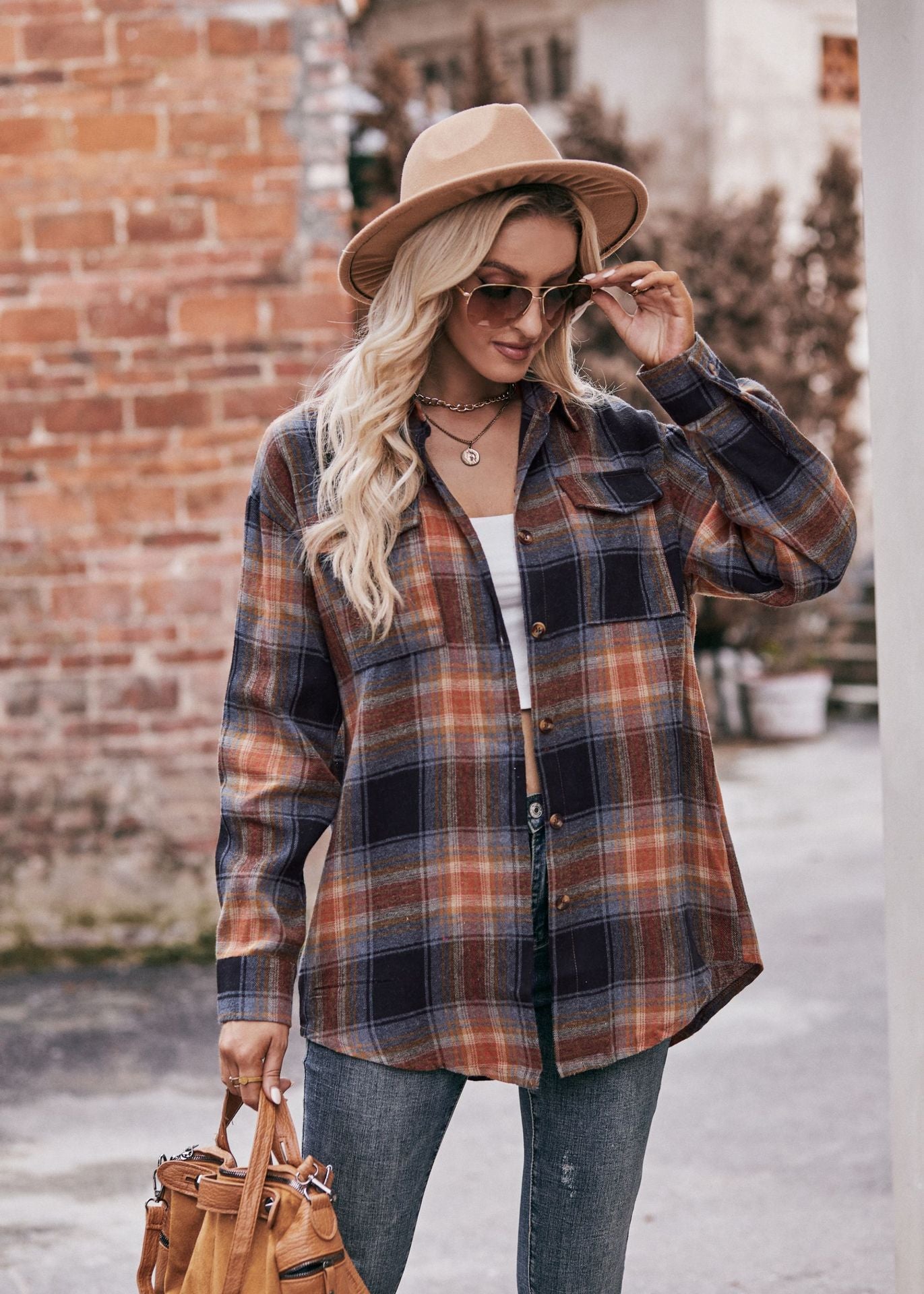 Women's Autumn Winter Coat Casual Fashion Loose Plaid Shirt