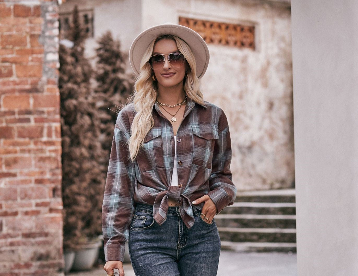 Women's Autumn Winter Coat Casual Fashion Loose Plaid Shirt