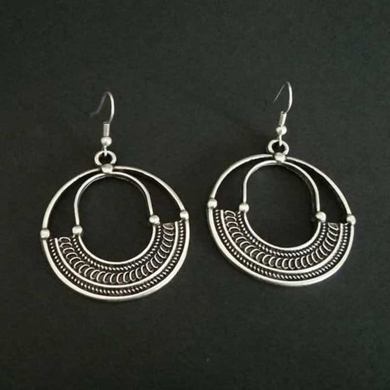 Geometric Round Hollow Antique Silver Earrings European And American Personalized Trending Earrings