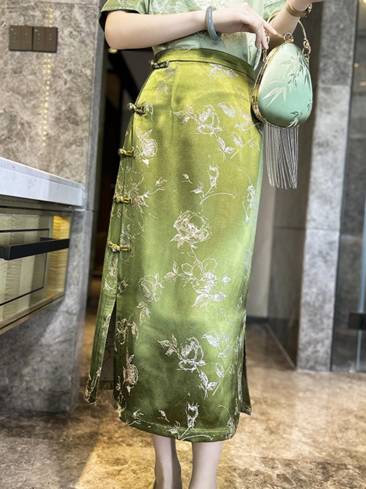 Casual Mid-waist Retro Vintage Green Skirt For Women