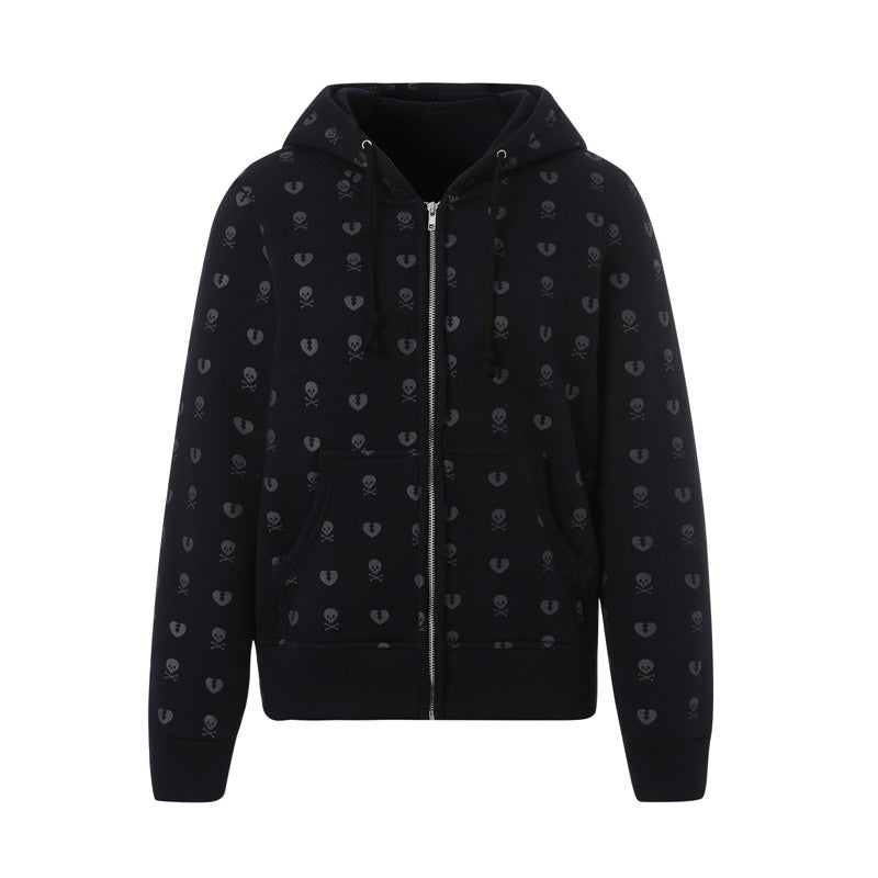 90s Vintage Skulls Print Black Sweatshirt Zipper Long Sleeve
