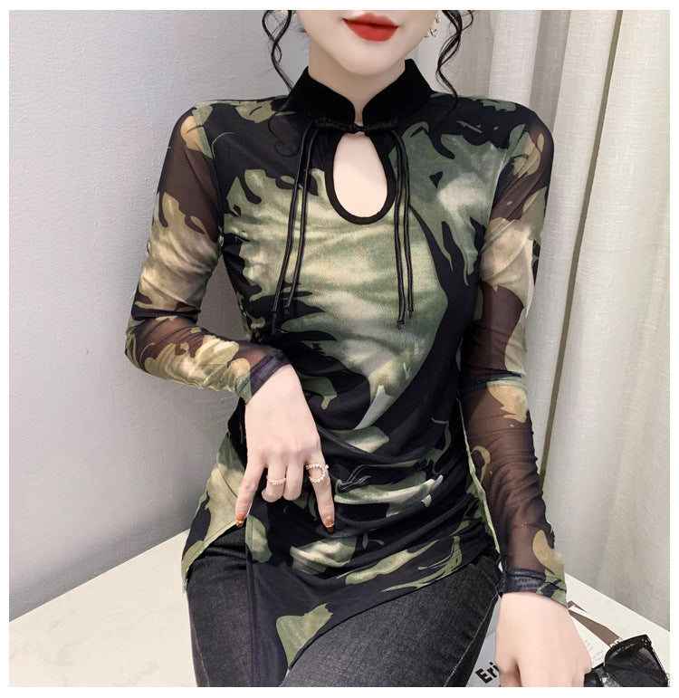 Retro Chinese Style Printed Voile Long Sleeve Top