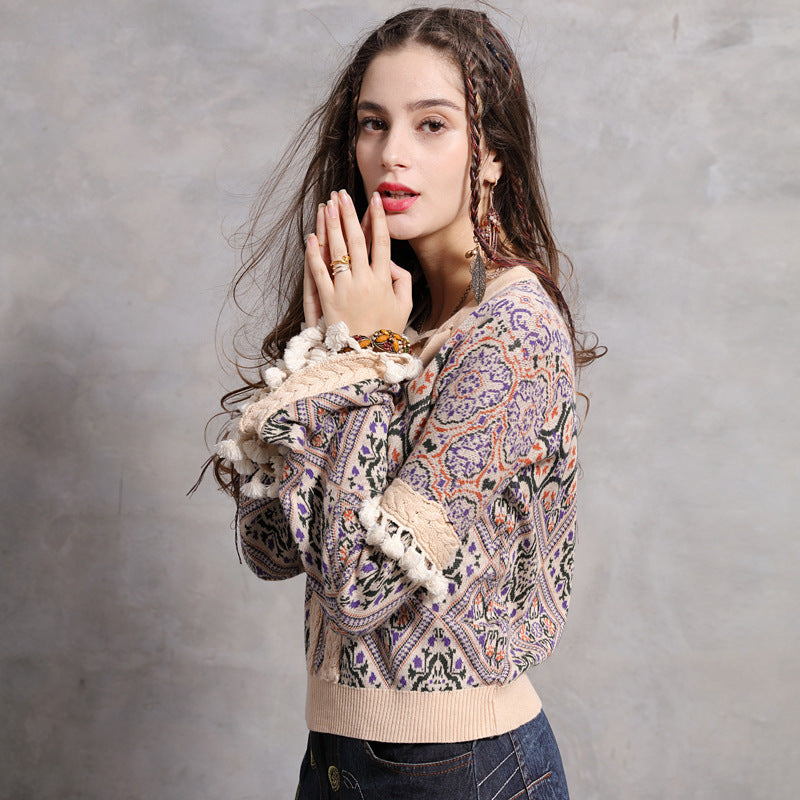 Retro stitching tassel sweater