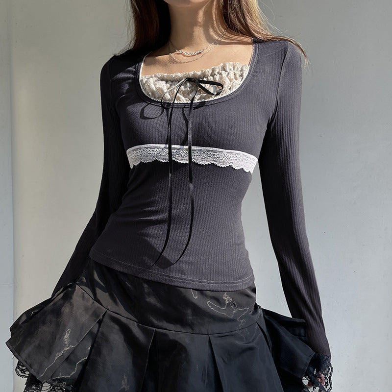Retro Contrast Color Lace Stitching Fake Two-piece Long Sleeve
