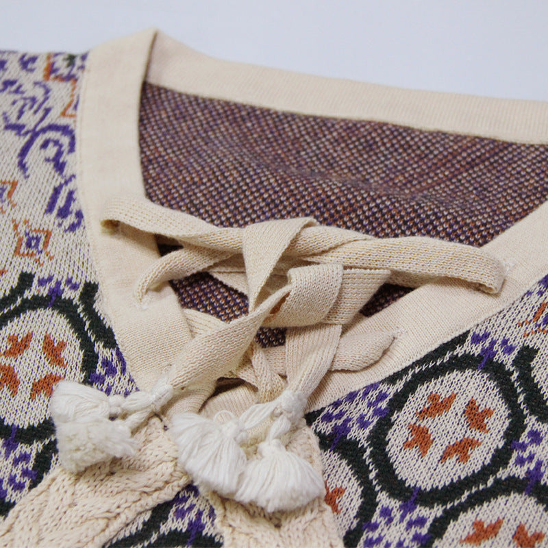 Retro stitching tassel sweater