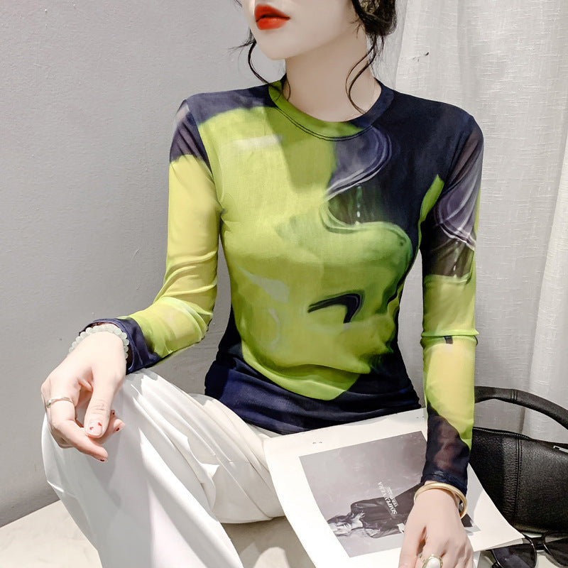 Fall Winter Fashion Voile Printing Long Sleeve Round Neck Top