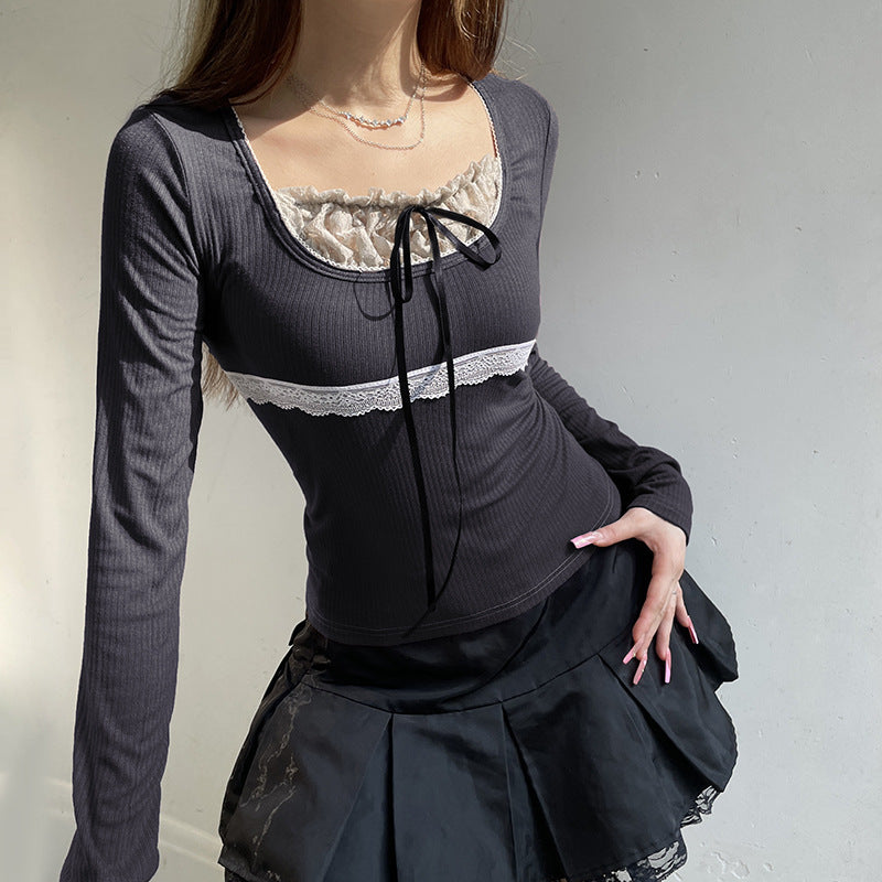 Retro Contrast Color Lace Stitching Fake Two-piece Long Sleeve