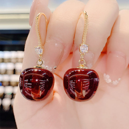 Personality Red Cherry Silver Pin Earrings