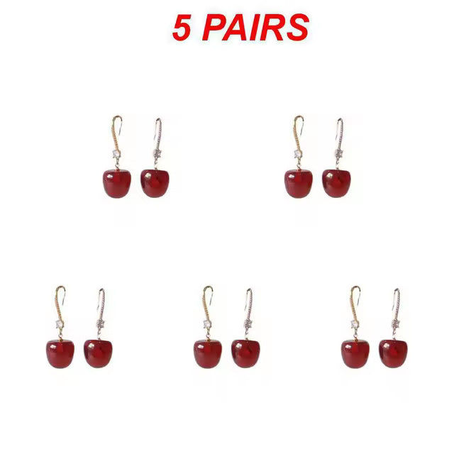Personality Red Cherry Silver Pin Earrings
