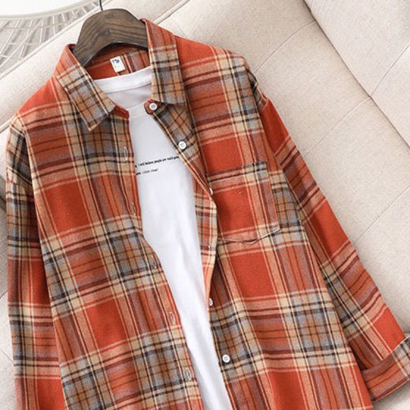 Women Retro Oversized Plaid Print Blouse Long Sleeve Chic Female Casual Loose Shirt Tops