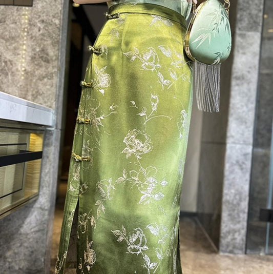 Casual Mid-waist Retro Vintage Green Skirt For Women