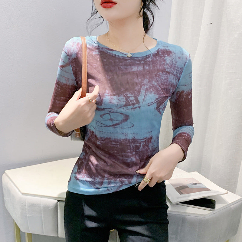 Fall Winter Fashion Voile Printed Long Sleeve Round Neck Slim Fit