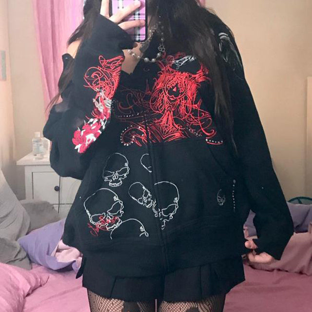 90s Vintage Skulls Print Black Sweatshirt Zipper Long Sleeve