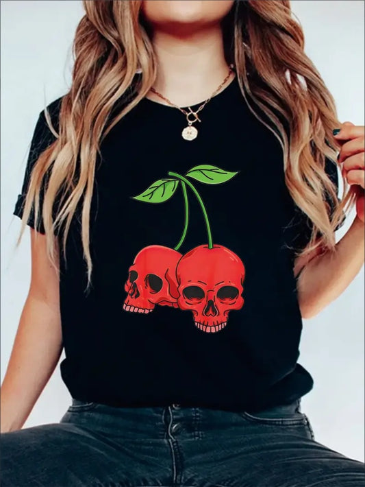 Cherry Skull Graphic Print Solid T-Shirt, Crew Neck Short Sleeve Casual Top For Summer & Spring, Women's Clothing